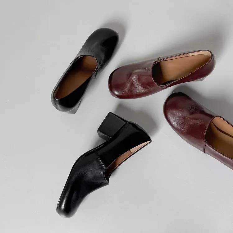 Autumn/Winter Mid-Heel Round Toe Distressed Leather Shoes, Soft and Comfortable Top-Grain Cowhide, Chunky Heel Women's Shoes