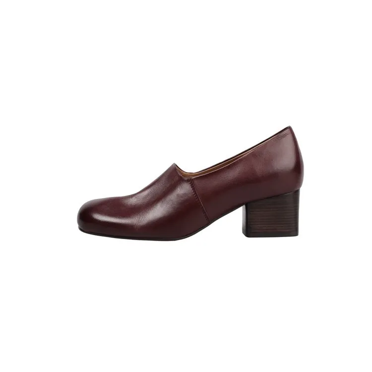 Autumn/Winter Mid-Heel Round Toe Distressed Leather Shoes, Soft and Comfortable Top-Grain Cowhide, Chunky Heel Women's Shoes
