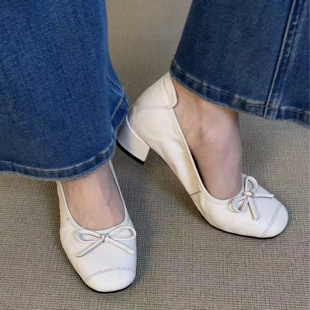 Early spring single shoes, super soft and comfortable sheepskin, two heel heights, French ballet flats with soft soles.