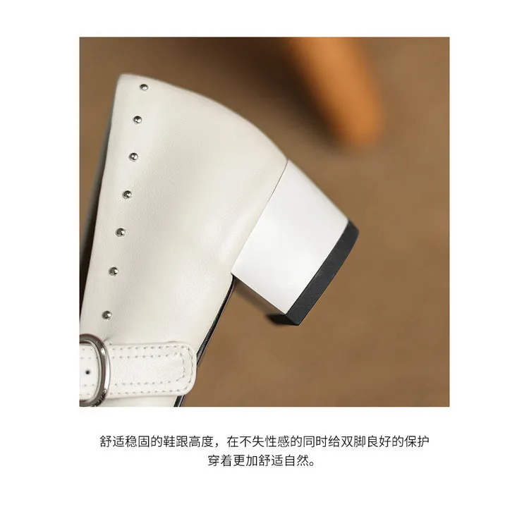 Early spring single shoes, round toe, buckle, chunky heel, solid color, simple women's shoes, fashionable plus size.