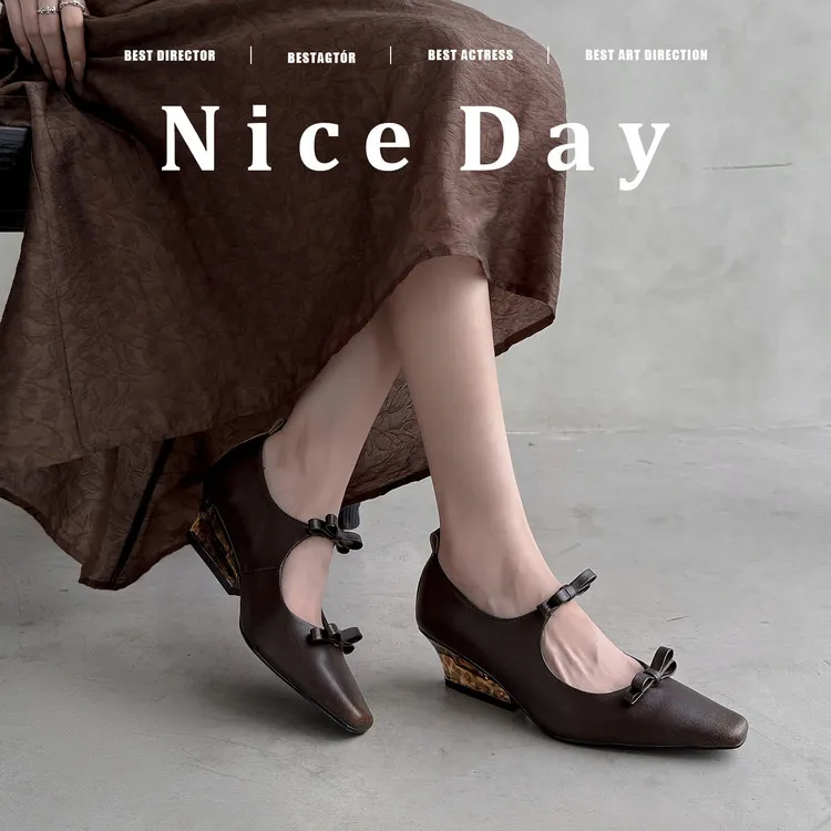Spring single shoes, square toe, wedge heel, double bow, low-cut cowhide fashion women's shoes, 12-15h - Brown 34