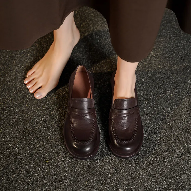 Spring single shoes, round toe, thick sole, chunky heel, slip-on fashion women's shoes, 12-15n - Brown 34
