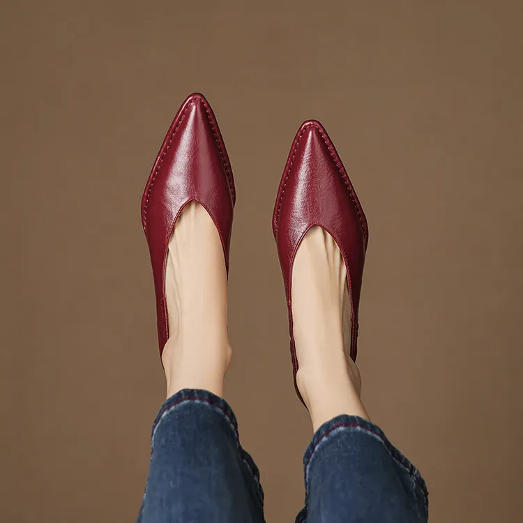 Spring pointed-toe stiletto heel slip-on cowhide fashion shoes for women, sizes 15-17m - Burgundy 34