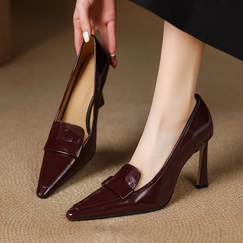 Stylish French high heels, elegant stiletto heels, retro style, durable pointed toe, low-cut, sophisticated high heels for women. - Burgundy 9cm heel Size 34
