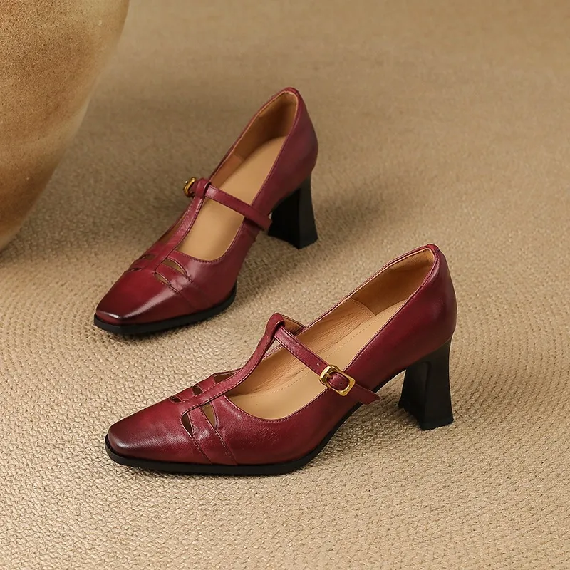 Fashionable spring and autumn hollowed-out shallow open single shoes, first layer washed cowhide square toe Mary Jane shoes for women - Burgundy 34