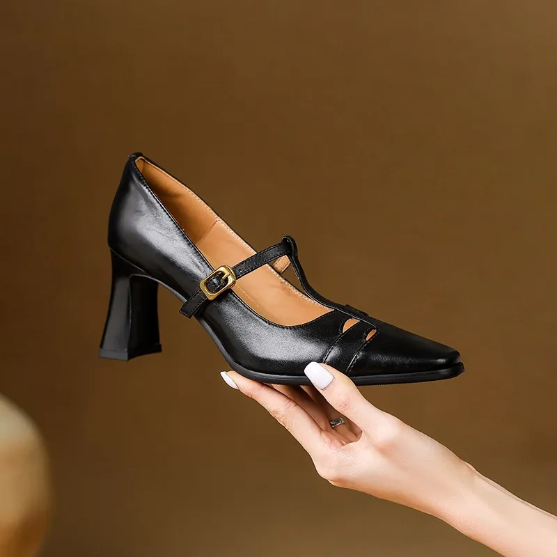 Fashionable spring and autumn hollowed-out shallow open single shoes, first layer washed cowhide square toe Mary Jane shoes for women - Black 34