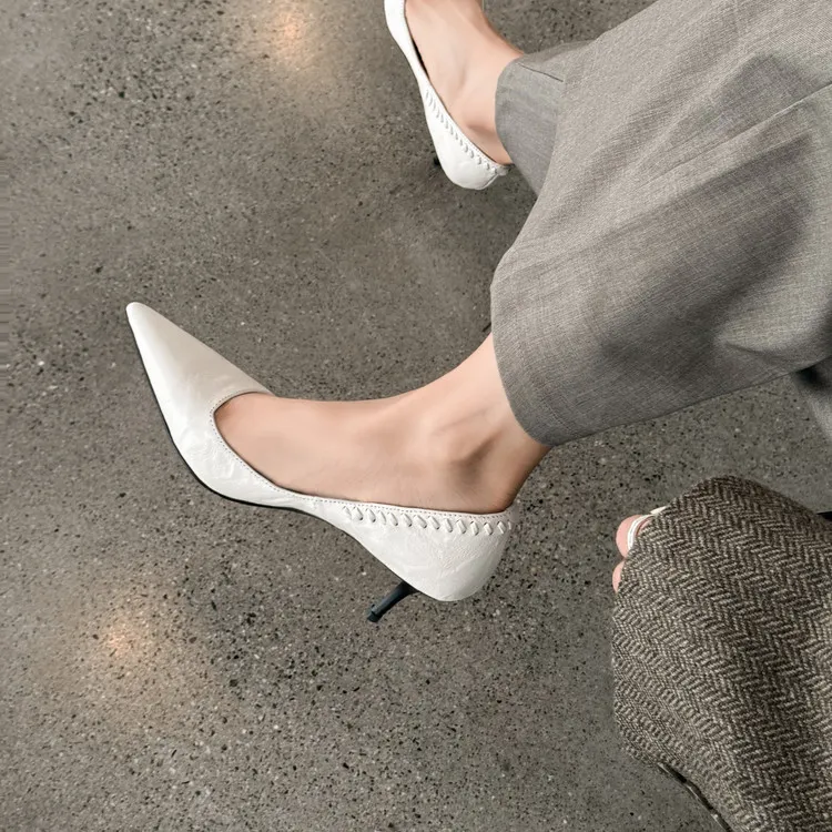 Early Spring Pointed Toe Stiletto Heel High-Heeled Low-Cut Sheepskin Fashion Women's Shoes 12-22f - White 34
