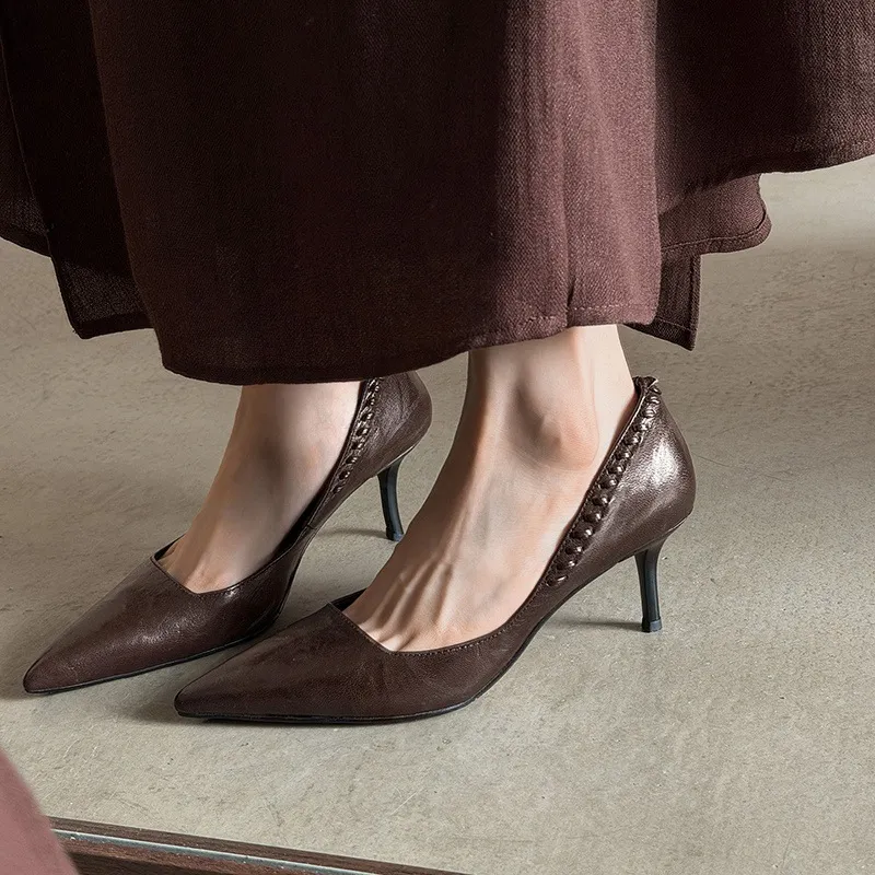 Early Spring Pointed Toe Stiletto Heel High-Heeled Low-Cut Sheepskin Fashion Women's Shoes 12-22f - Brown 34