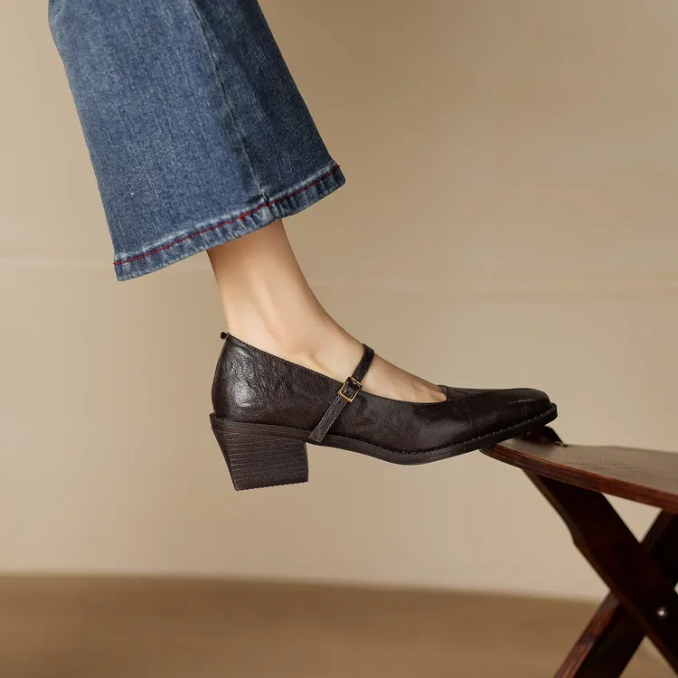 Early spring single shoes, square toe, buckle, chunky heel, Mary Jane style, sheepskin fashion shoes, 12-3 - Brown high heels Size 34