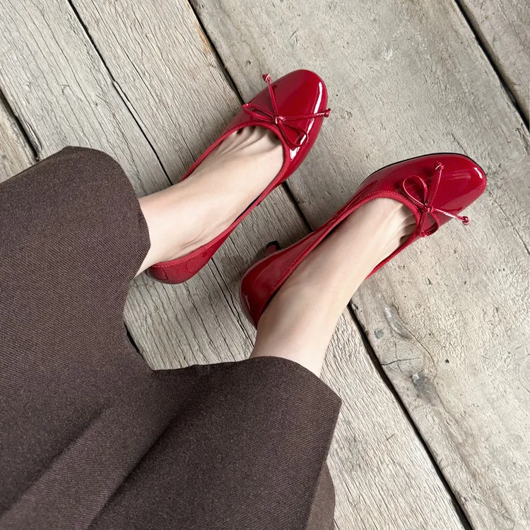 Spring single shoes, round toe, chunky heel, high heel, bow, slip-on, comfortable women's shoes, 12-26e - Red 34