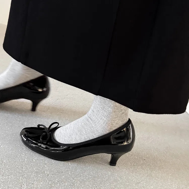 Spring single shoes, round toe, chunky heel, high heel, bow, slip-on, comfortable women's shoes, 12-26e - Black 34