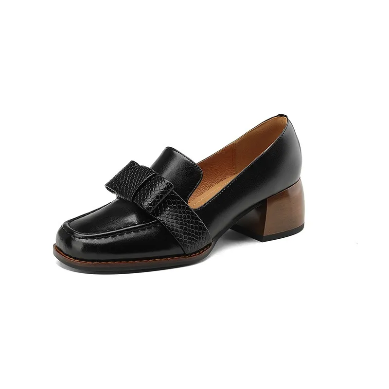 Elegant and stylish soft cowhide bow loafers for spring, chunky mid-heel, women's shoes in various sizes. - Black 34