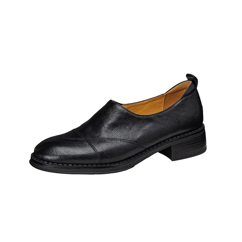 Women's Spring/Autumn Shoes - Black and Brown Loafers - Slip-on, Deep Mouth, Round Toe, Mid-Heel Shoes - Black 34