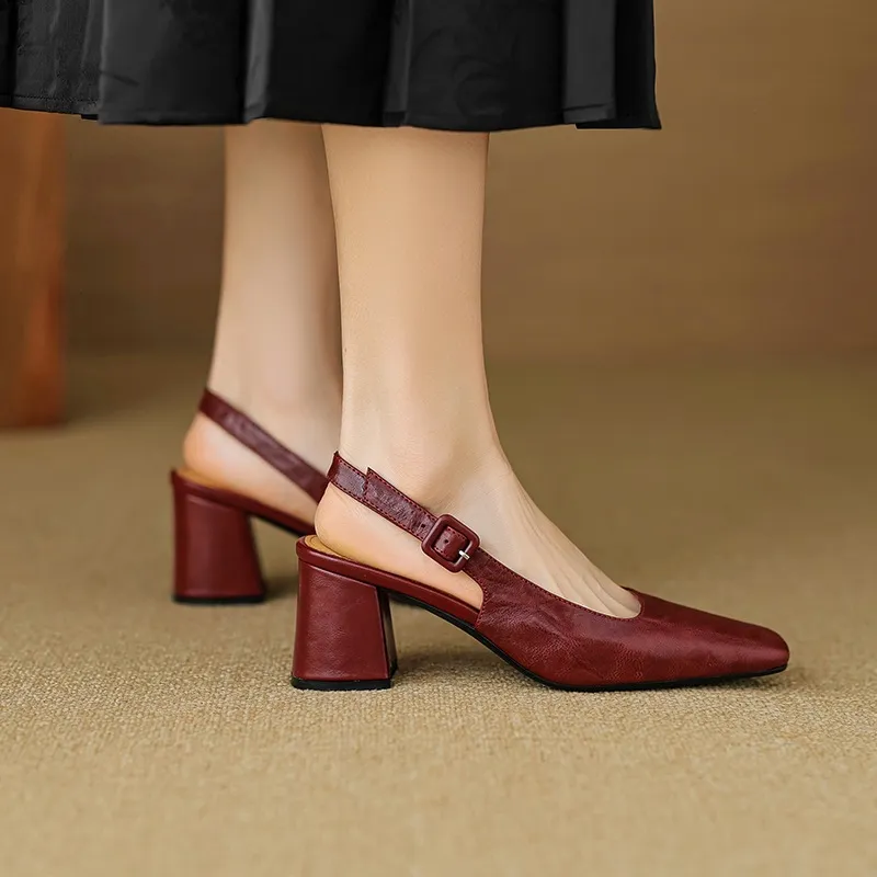 Spring/Summer High-Heeled Open Back Women's Square Toe Sandals Fashionable Lace-Up Sheepskin Chunky Heel Women's Shoes - Burgundy 33