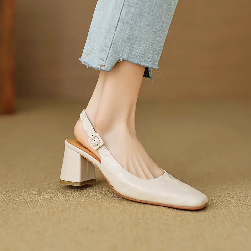 Spring/Summer High-Heeled Open Back Women's Square Toe Sandals Fashionable Lace-Up Sheepskin Chunky Heel Women's Shoes - Off-white 33