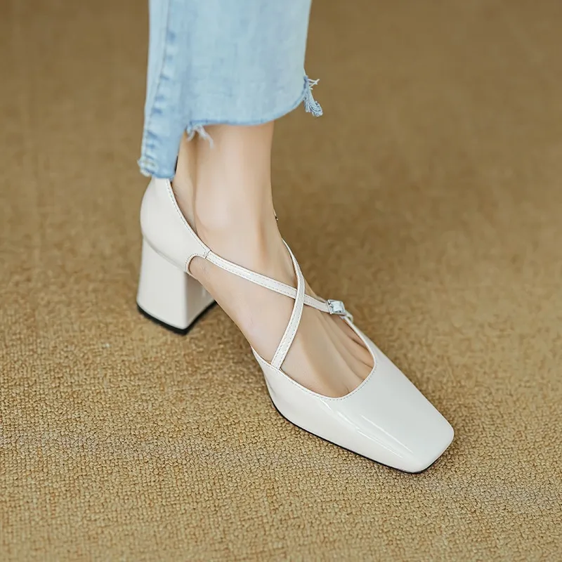Spring/Summer Mary Jane Open Sandals Women's Shoes Chunky Heel Cross Straps Low-Cut Fashion High Heels - Off-white 33