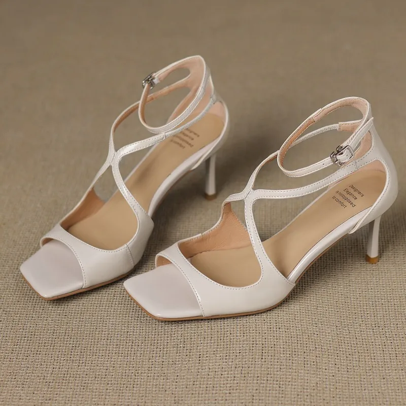 Sexy 7cm stiletto sandals with a single buckle strap for women, summer patent leather, square toe, open toe, high heels for petite women. - Beige 34