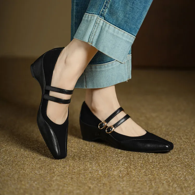 Early Spring Single Shoes, Square Toe, Hidden Wedge Buckle, Sheepskin Fashion Women's Shoes, 1-20g, Trendy Patchwork - Black 34