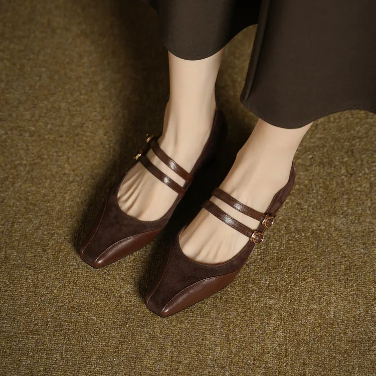 Early Spring Single Shoes, Square Toe, Hidden Wedge Buckle, Sheepskin Fashion Women's Shoes, 1-20g, Trendy Patchwork - Brown 34