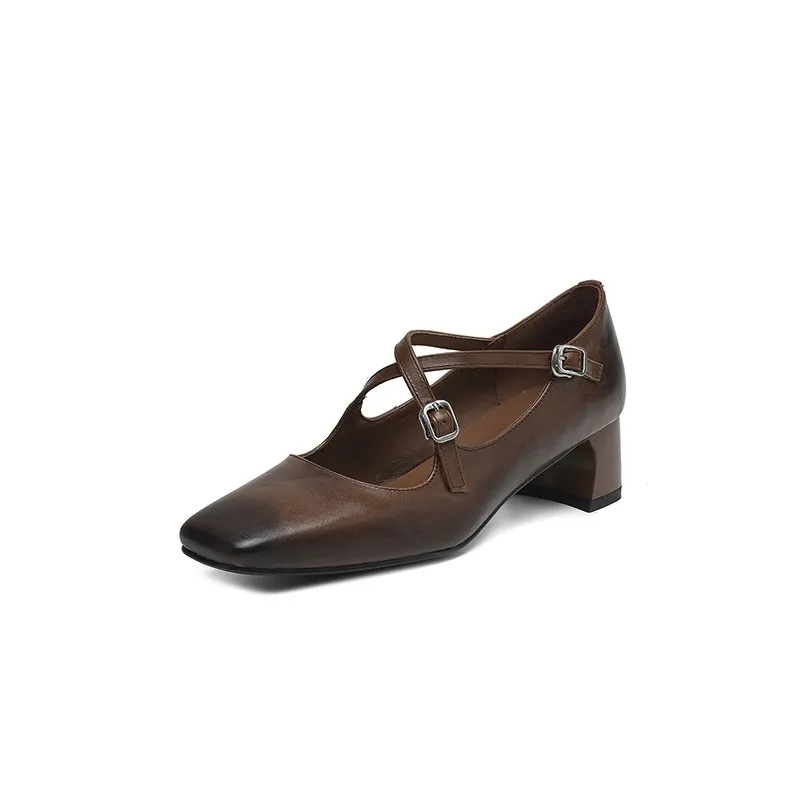 Plus-size early spring Mary Jane shoes with chunky heels, made of first-layer washed cowhide, with buckles. - Brown 34