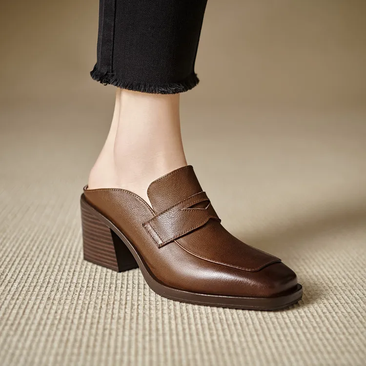 Women's slippers, summer fashion, suitable for spring and summer, British style, chunky heel, genuine leather, plus size - Brown 34