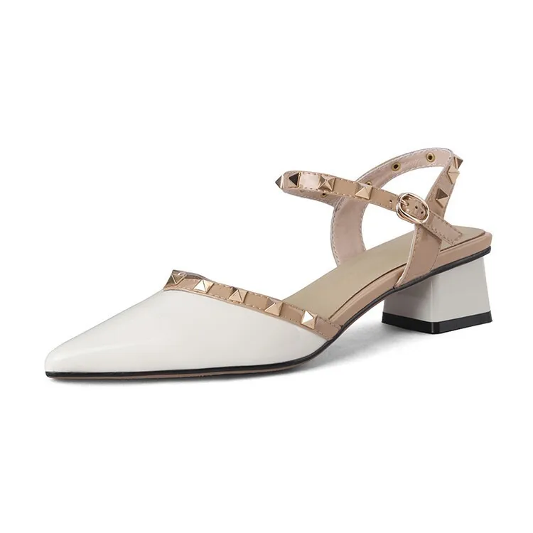Summer patent leather studded red pointed-toe sandals, fashionable style, French style, perfect for wearing with skirts, mid-heel closed-toe women's shoes - White 34