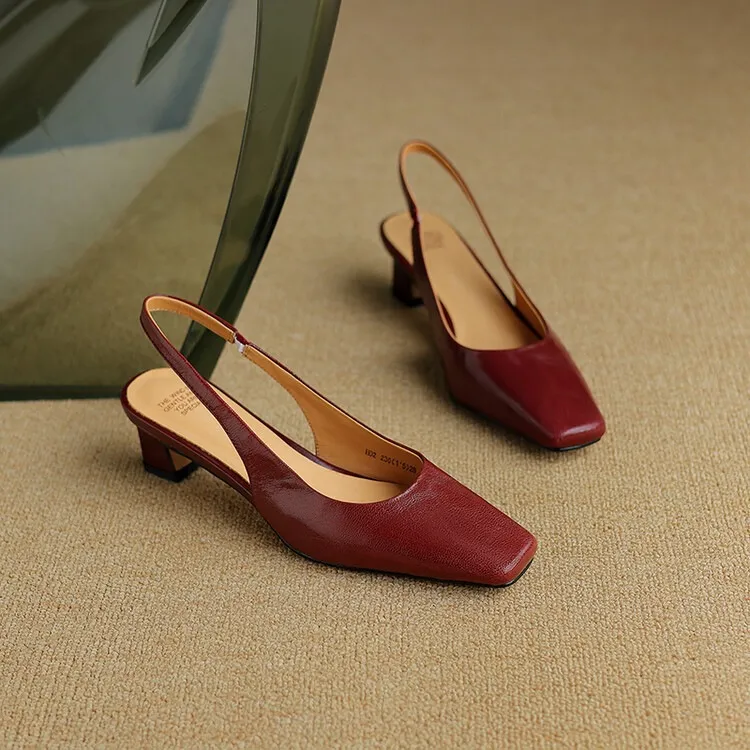 Early spring/summer women's slip-on sheepskin open-back sandals with chunky heels, Korean style square toe - Burgundy 34