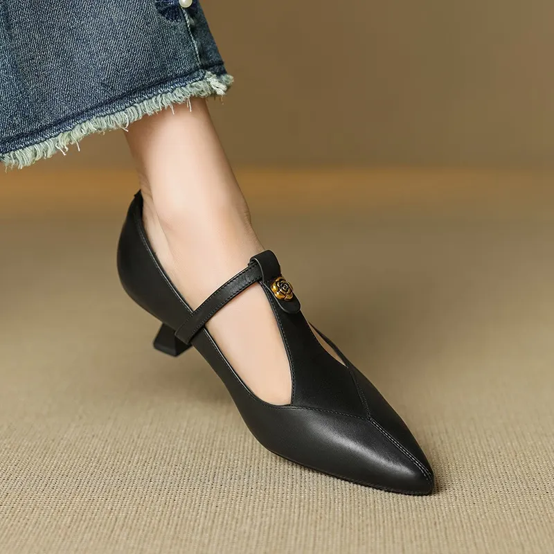 5cm high heel, elegant and simple women's shoes, spring style, pointed toe, buckle fashion shoes, 3 colors, T-strap single shoes - Black 34