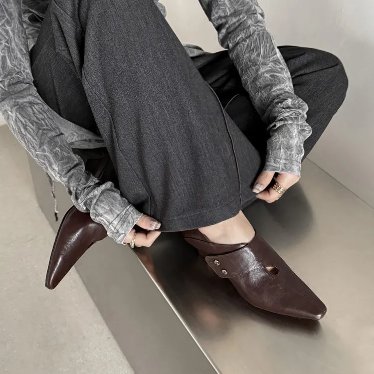 Early Spring Single Shoes, Square Toe, Chunky Heel, Slip-on, Cowhide Fashion Women's Shoes, 1-29s - Brown 34