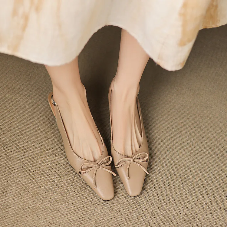 Fashionable summer sandals, early spring single shoes, square toe, bow-knot wedge heel, sheepskin fashion women's shoes 1-29q - Apricot 34