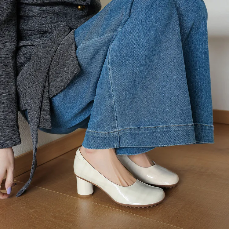 Early Spring Round Toe Chunky Heel High-Heel Cowhide Comfortable Women's Shoes 2-27c - Off-white 34