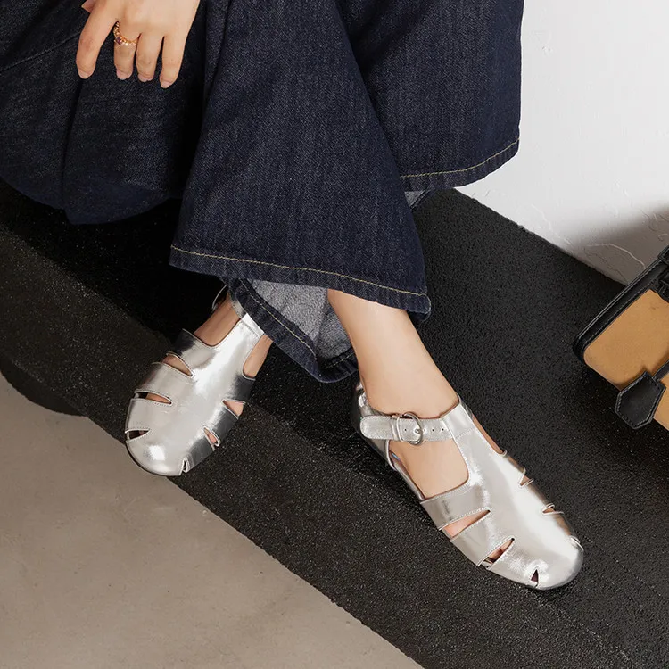 Summer sandals, round toe, buckle, sheepskin, comfortable women's shoes, 2-10h - Silver 34