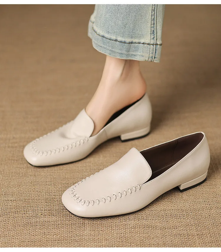 Early spring slip-on chunky heel low-heeled cowhide fashion minimalist women's shoes 3-3k - Off-white leather 34