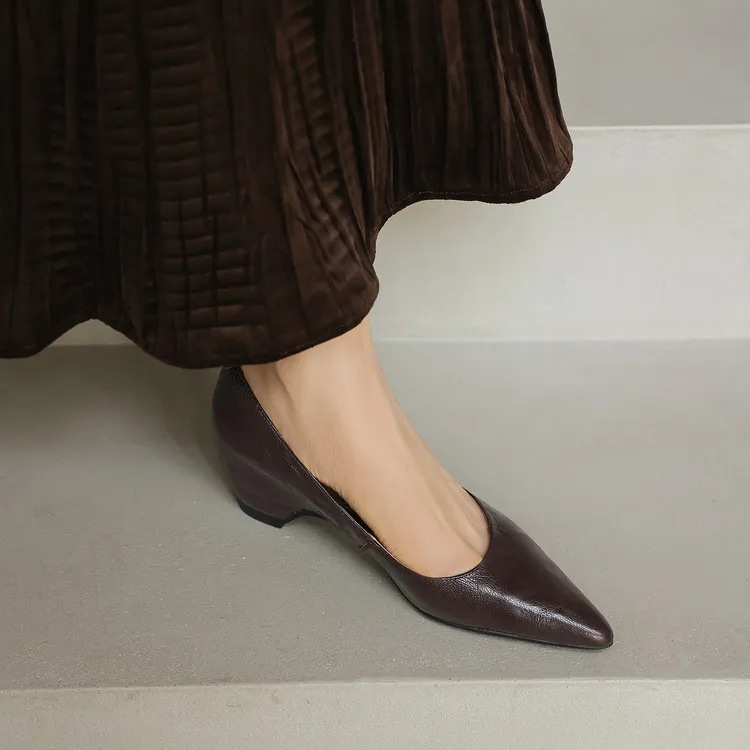Early Spring Single Shoes Pointed Toe Wedge Heel Slip-on High Heel Fashion Women's Shoes 2-10m Style - Brown 34