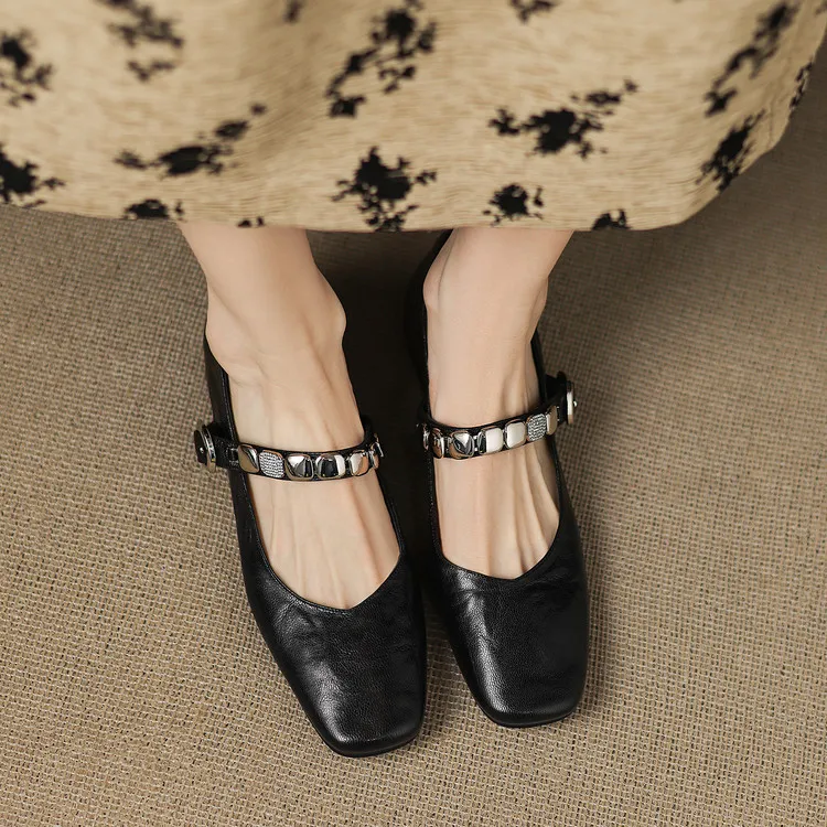 Early spring single shoes, square toe, chunky heel, low heel, comfortable Mary Jane women's shoes, 2-27k - Black 34