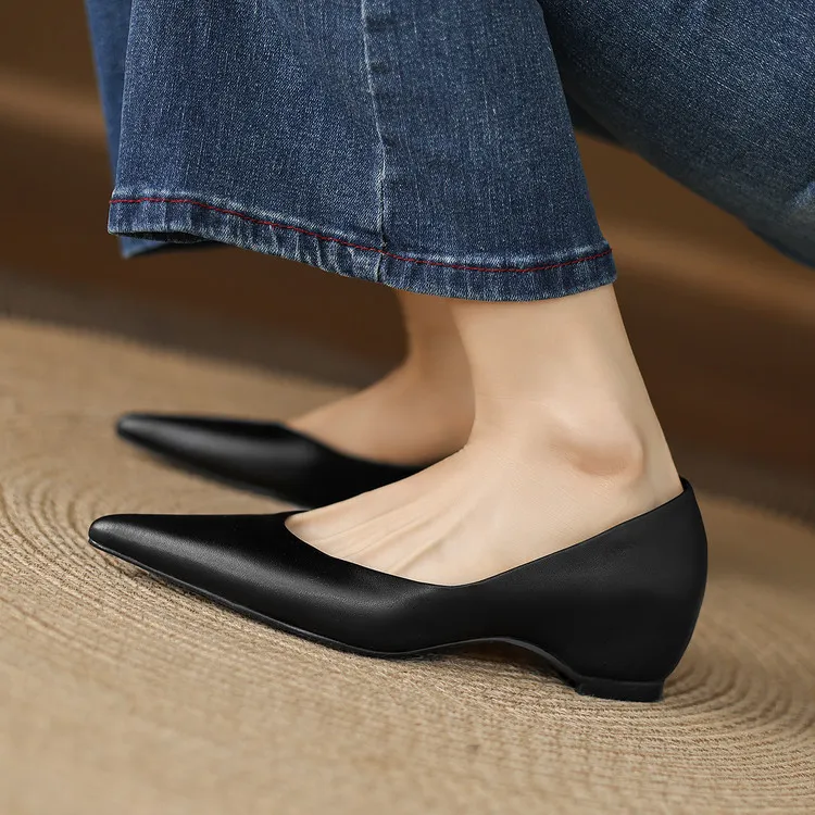 Early Spring Single Shoes Pointed Toe Wedge Heel Slip-on Fashion Women's Shoes 3-3r Fashion 3 Colors Low Mouth Shoes - Black cowhide 34