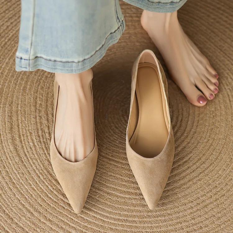 Early Spring Single Shoes Pointed Toe Wedge Heel Slip-on Fashion Women's Shoes 3-3r Fashion 3 Colors Low Mouth Shoes - Apricot cashmere suede 34