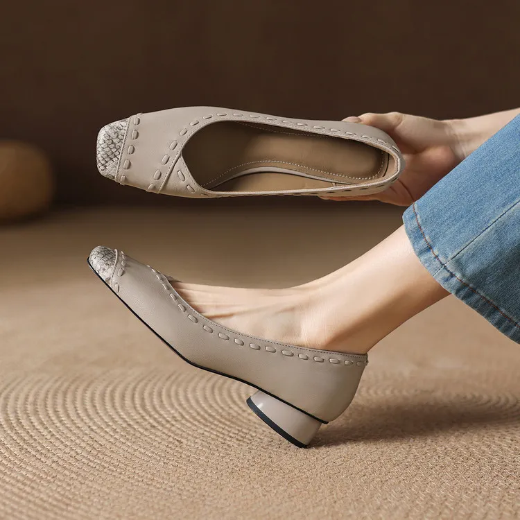 Early spring single shoes, square toe, low-cut, chunky heel, high heel, sheepskin fashion women's shoes, 3-6n - Gray 34