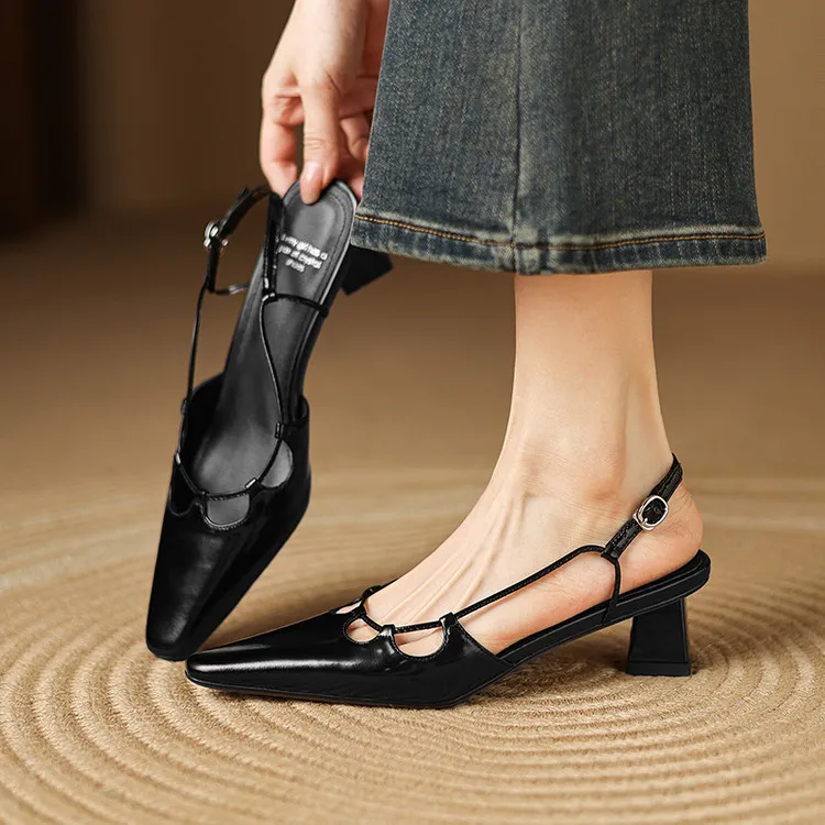 Early spring single-shoe closed-toe chunky heel high-heel cowhide fashion women's shoes 3-6s sandals - Black 34