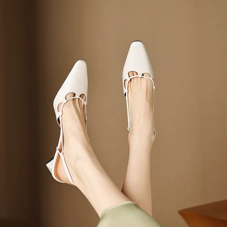 Early spring single-shoe closed-toe chunky heel high-heel cowhide fashion women's shoes 3-6s sandals - Off-white 34