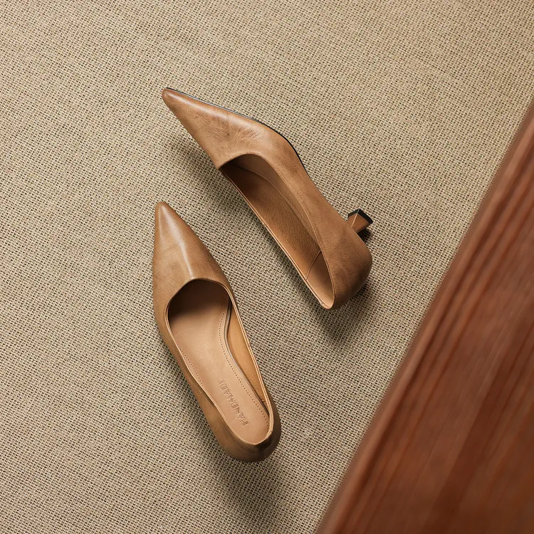 Early Spring Single Shoes Pointed Toe Low Mouth Stiletto Heel High Heel Cowhide Fashion Women's Shoes 2-27e - Khaki 34