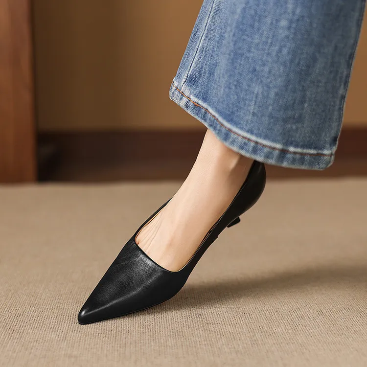 Early Spring Single Shoes Pointed Toe Low Mouth Stiletto Heel High Heel Cowhide Fashion Women's Shoes 2-27e - Black 34