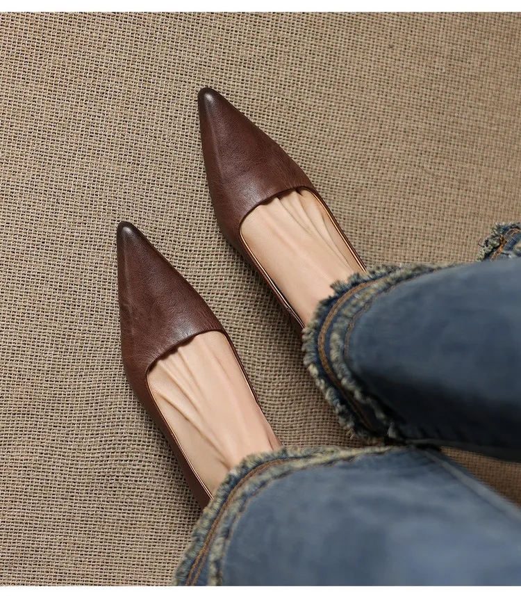 Early Spring Single Shoes Pointed Toe Low Mouth Stiletto Heel High Heel Cowhide Fashion Women's Shoes 2-27e - Brown 34