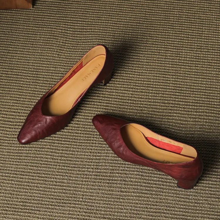 Early Spring Single Shoes Round Toe Low Mouth Chunky Heel High Heel Fashion Women's Shoes 3-7d - Burgundy 34