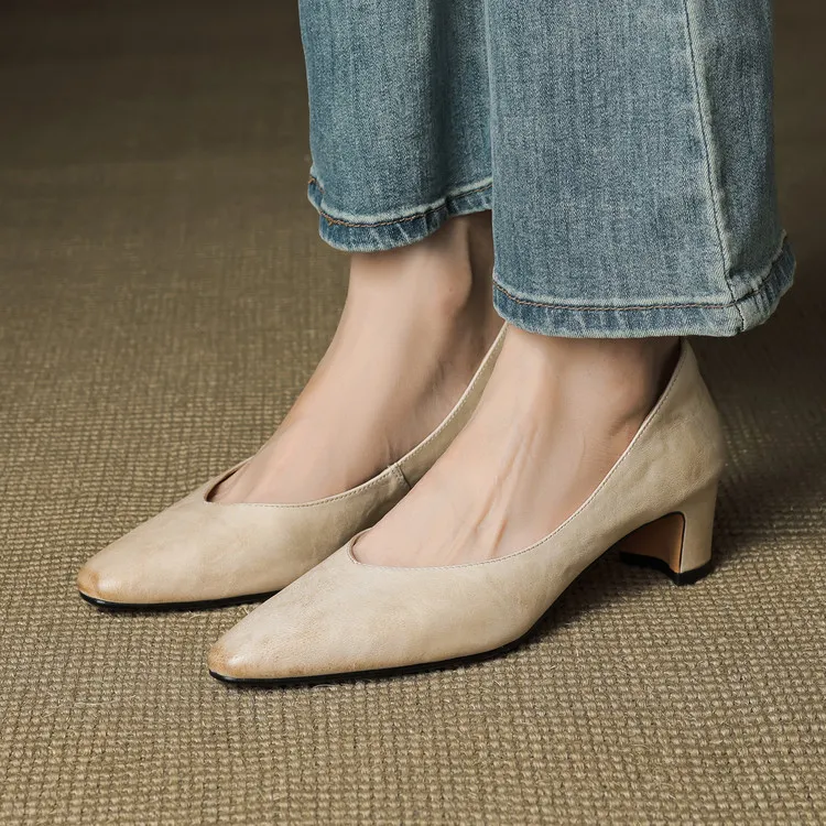 Early Spring Single Shoes Round Toe Low Mouth Chunky Heel High Heel Fashion Women's Shoes 3-7d - Beige 34