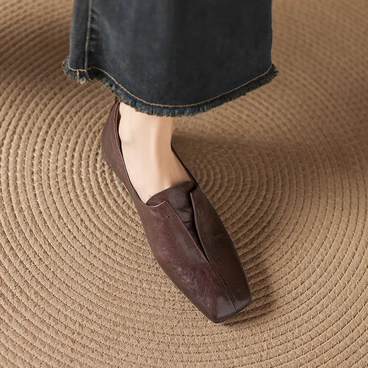 Early spring single shoes, square toe, wedge heel, sheepskin fashion women's shoes, 3-3t - Brown 34