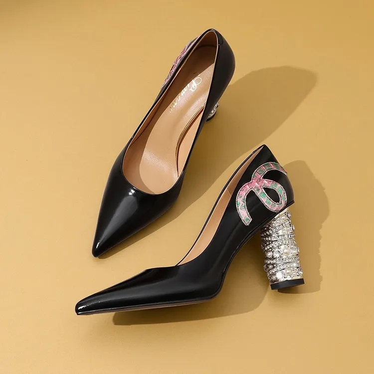 Elegant pearl and rhinestone chunky heeled high heels, spring denim patent leather, light luxury pointed toe high heels for banquets - 3A Black 34