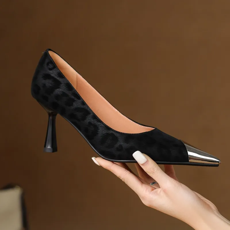 Women's low-cut, all-season leopard print cowhide leather pointed-toe high heels for spring and autumn, slip-on style, slimming stiletto heels - Black 34