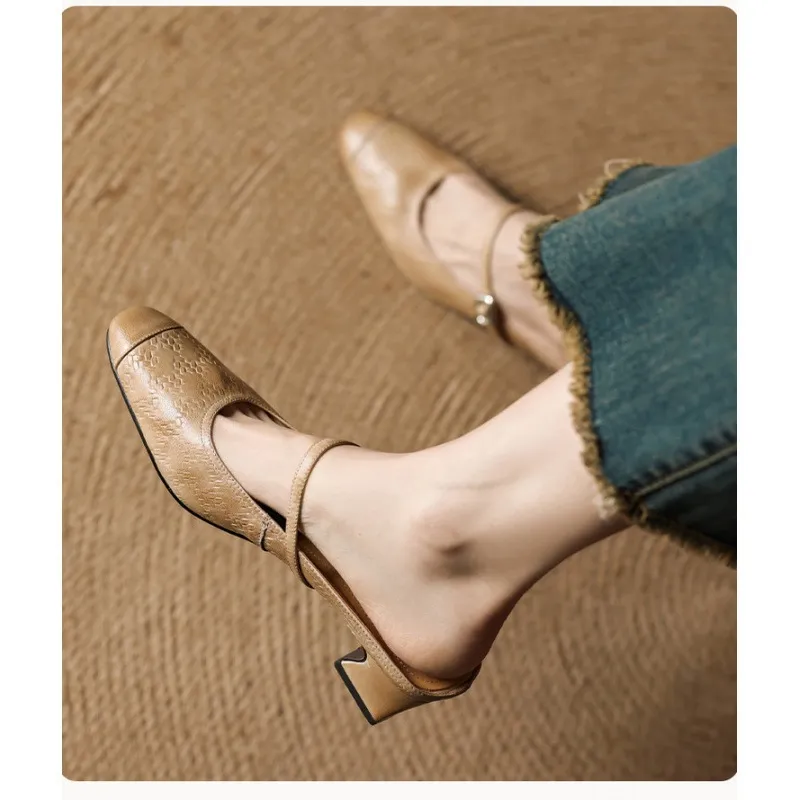 Spring/Summer One-Strap Half-Slip Sandals, Retro Closed-Toe Sandals, Chunky High-Heeled Mules - Apricot 33