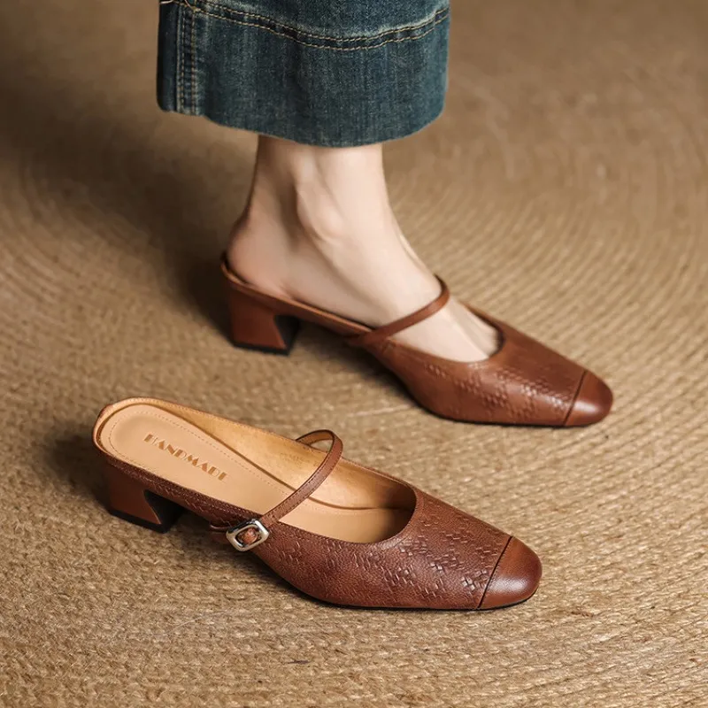Spring/Summer One-Strap Half-Slip Sandals, Retro Closed-Toe Sandals, Chunky High-Heeled Mules - Brown 33